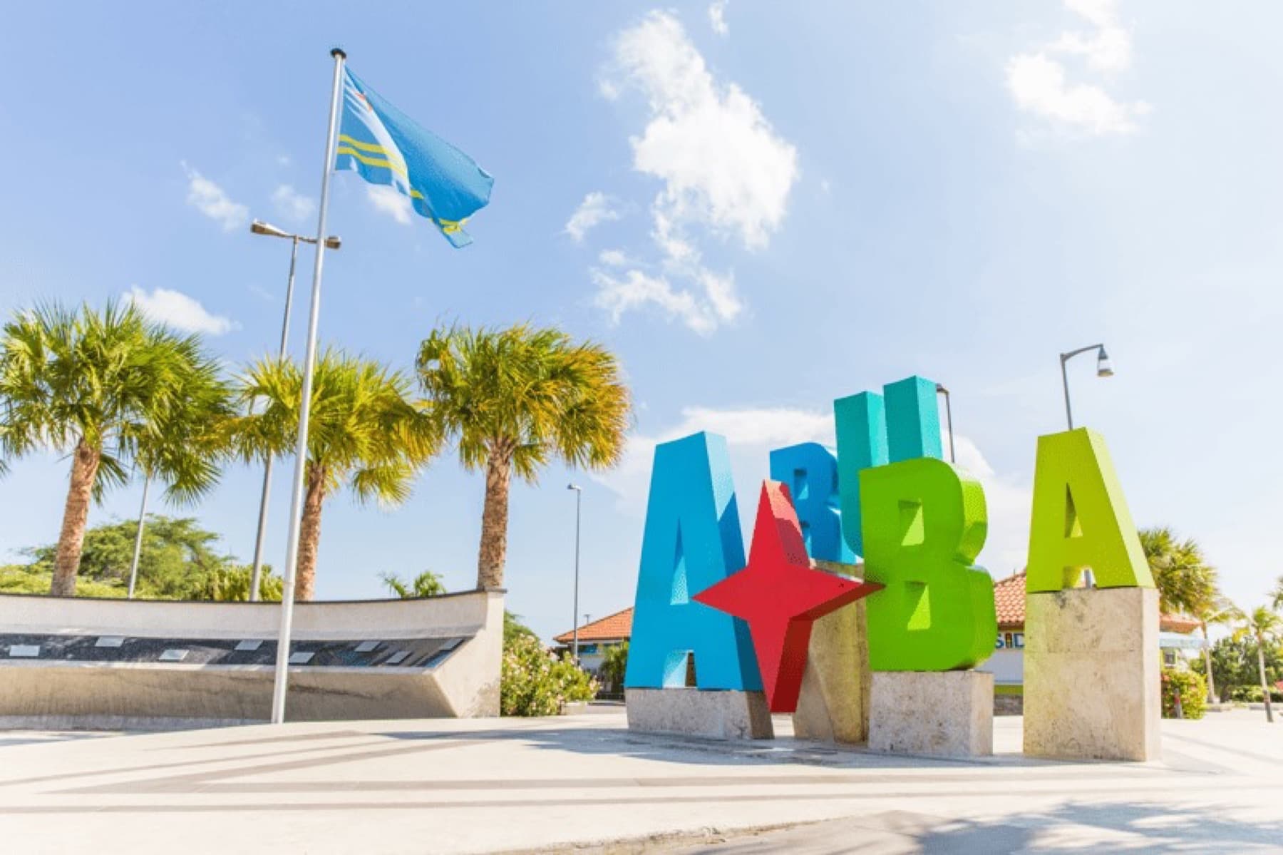 The colorful ARUBA sign under the palms